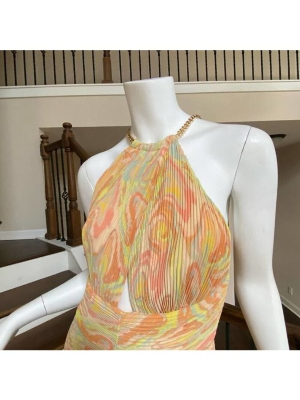 NWT AIIFOS Grace Pleated Halter Chiffon Gown in Peach and Yellow size 6 - Picture 5 of 12